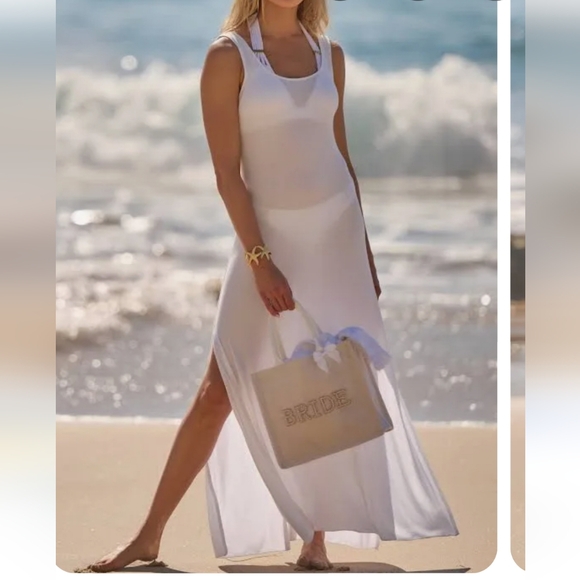 Becca Mykonos Semisheer Ribbed Swim Cover-up Maxi Dress NWT White Beachy Vacay - Picture 11 of 11